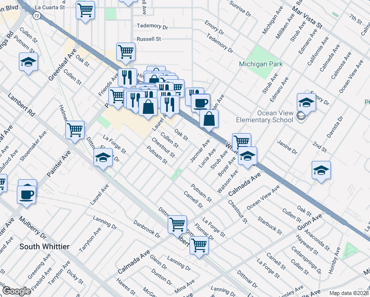 map of restaurants, bars, coffee shops, grocery stores, and more near 13745 Cullen Street in Whittier