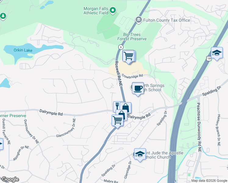 map of restaurants, bars, coffee shops, grocery stores, and more near 1101 Brighton Point in Sandy Springs
