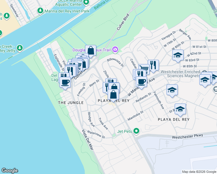 map of restaurants, bars, coffee shops, grocery stores, and more near 8308 Pershing Drive in Los Angeles