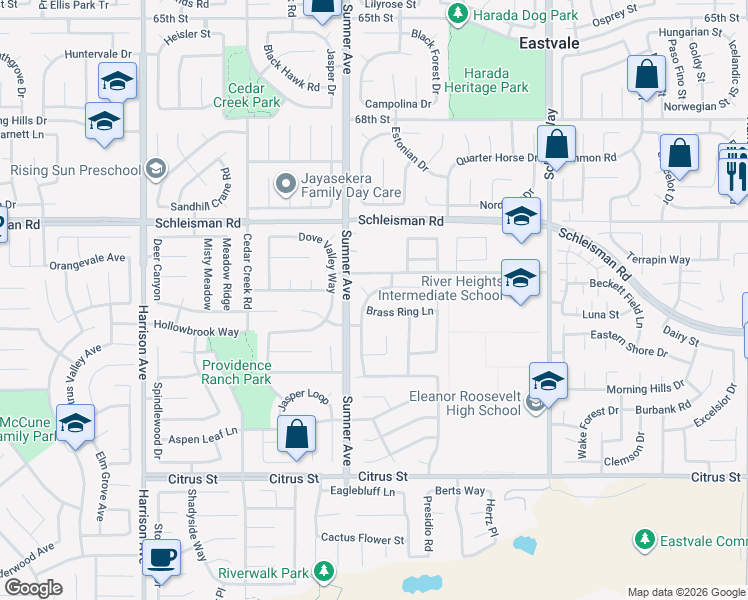 map of restaurants, bars, coffee shops, grocery stores, and more near 7140 Cottage Grove Drive in Corona
