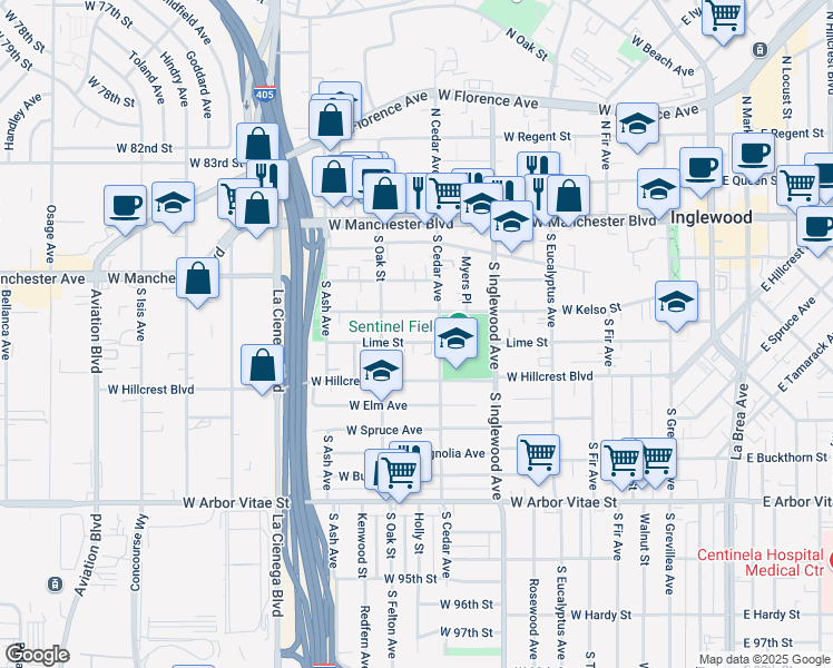 map of restaurants, bars, coffee shops, grocery stores, and more near 517 Lime Street in Inglewood
