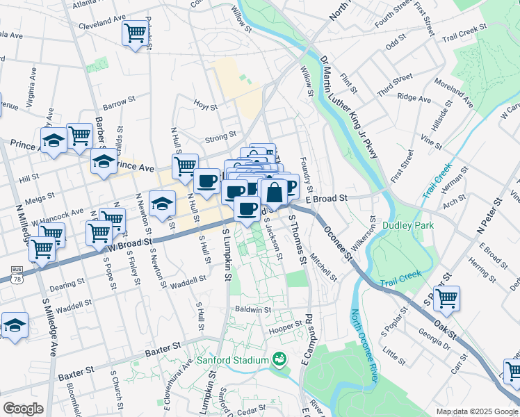 map of restaurants, bars, coffee shops, grocery stores, and more near 283 East Broad Street in Athens