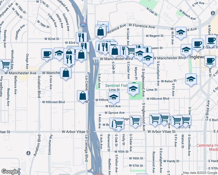 map of restaurants, bars, coffee shops, grocery stores, and more near 407 South Oak Street in Inglewood