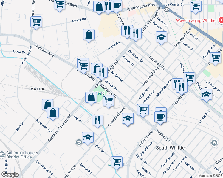 map of restaurants, bars, coffee shops, grocery stores, and more near 12718 Shreve Road in Whittier