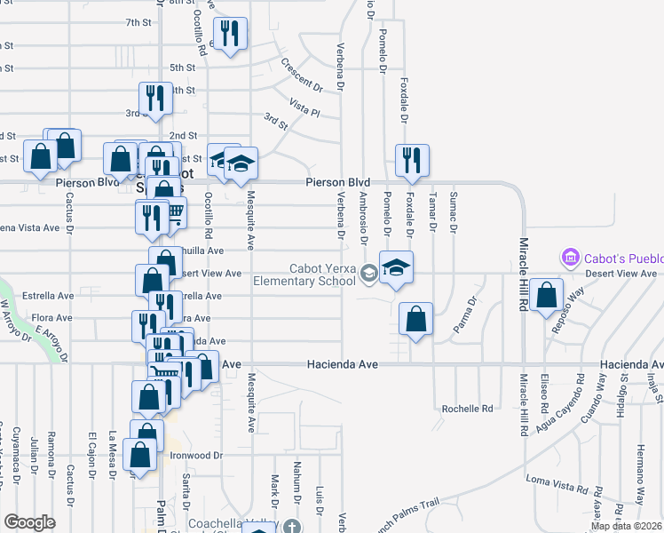 map of restaurants, bars, coffee shops, grocery stores, and more near 66970 Desert View Avenue in Desert Hot Springs