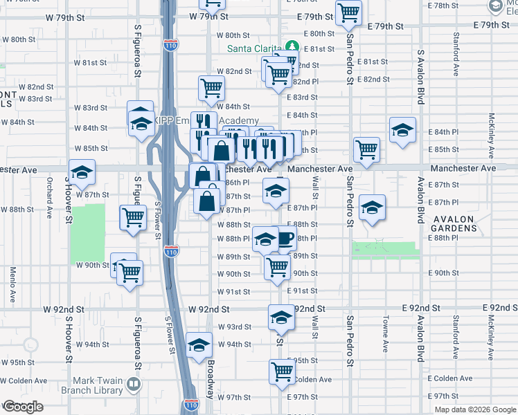 map of restaurants, bars, coffee shops, grocery stores, and more near 135 West 87th Place in Los Angeles