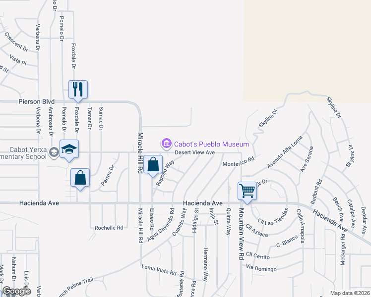 map of restaurants, bars, coffee shops, grocery stores, and more near Desert View Avenue in Desert Hot Springs
