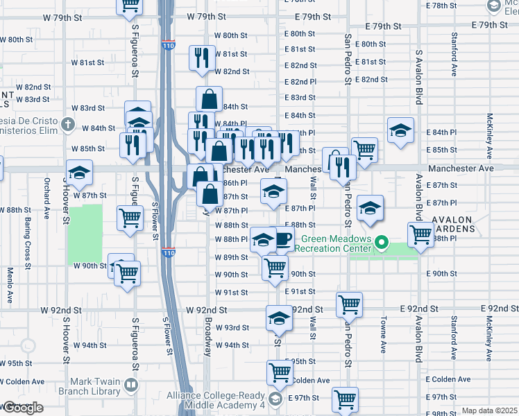 map of restaurants, bars, coffee shops, grocery stores, and more near 131 West 87th Place in Los Angeles