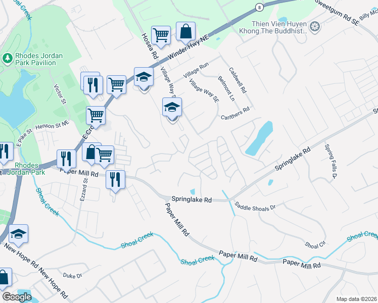 map of restaurants, bars, coffee shops, grocery stores, and more near 440 Springbottom Court Southeast in Lawrenceville