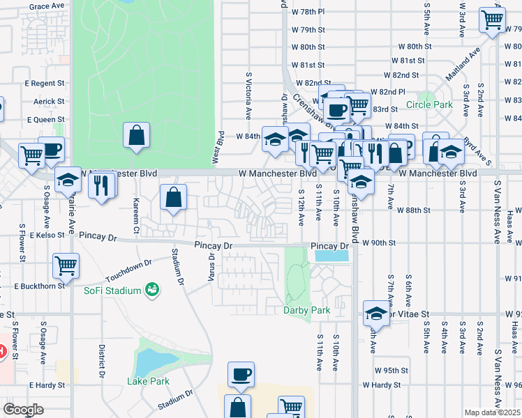map of restaurants, bars, coffee shops, grocery stores, and more near 3500 West Manchester Boulevard in Inglewood