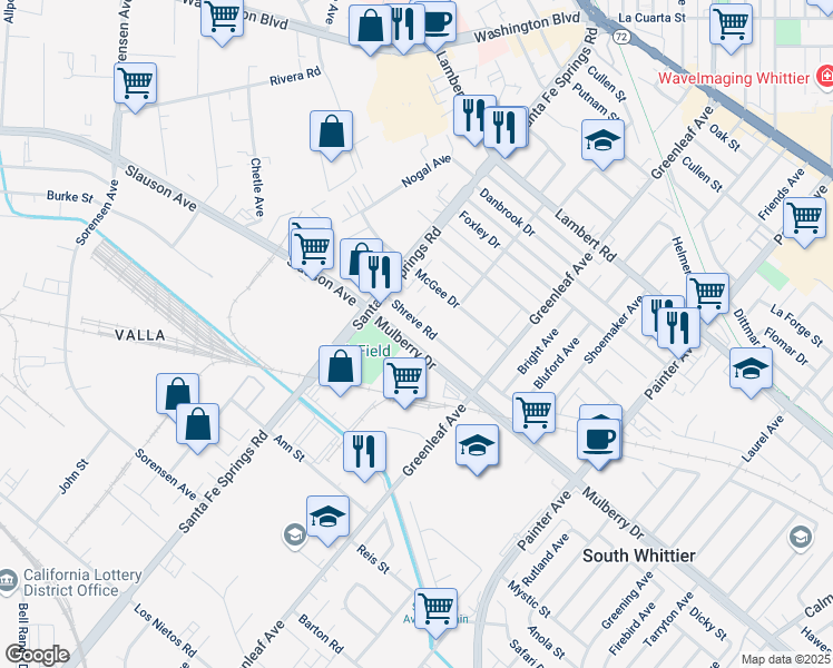 map of restaurants, bars, coffee shops, grocery stores, and more near 12718 Shreve Road in Whittier