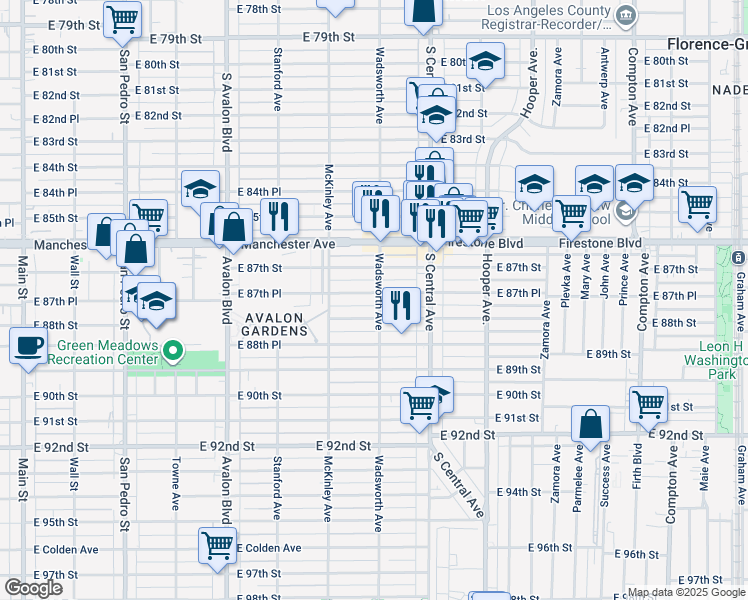 map of restaurants, bars, coffee shops, grocery stores, and more near 854 East 87th Place in Los Angeles