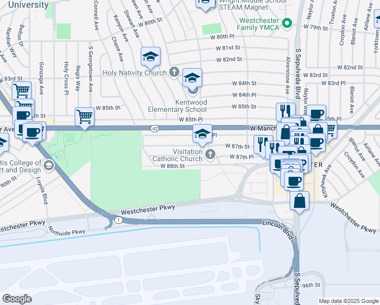 map of restaurants, bars, coffee shops, grocery stores, and more near 6623 West 87th Place in Los Angeles