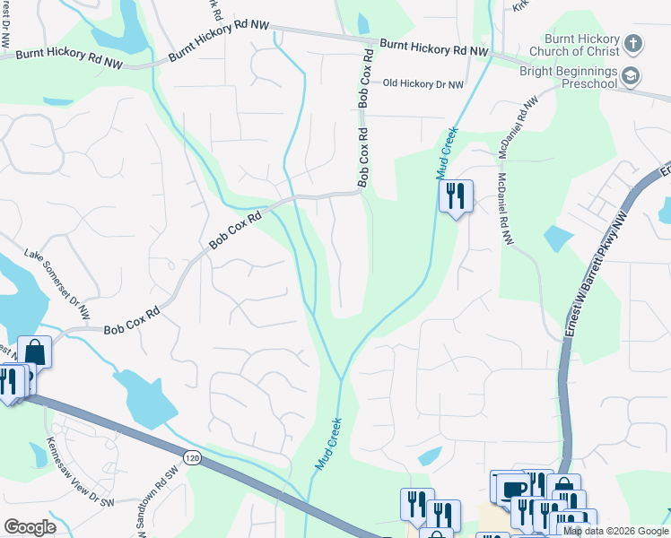 map of restaurants, bars, coffee shops, grocery stores, and more near 175 Cox Farm Road Northwest in Marietta
