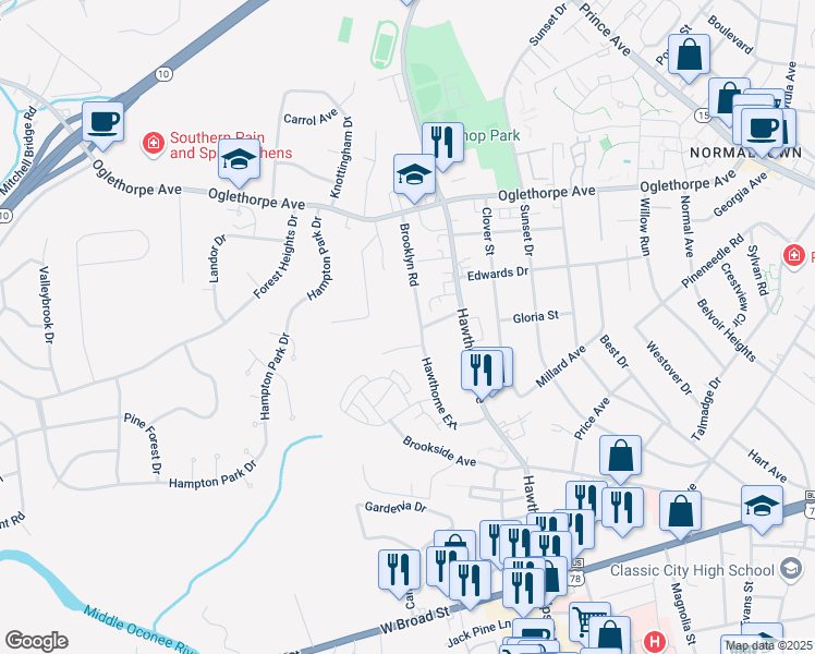 map of restaurants, bars, coffee shops, grocery stores, and more near 122 Brooklyn Road in Athens