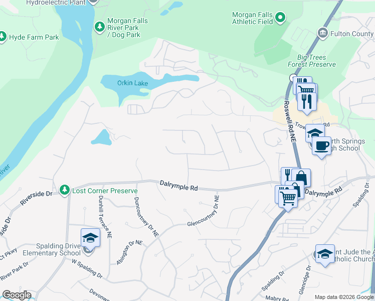 map of restaurants, bars, coffee shops, grocery stores, and more near 720 Old Campus Trail Northeast in Atlanta
