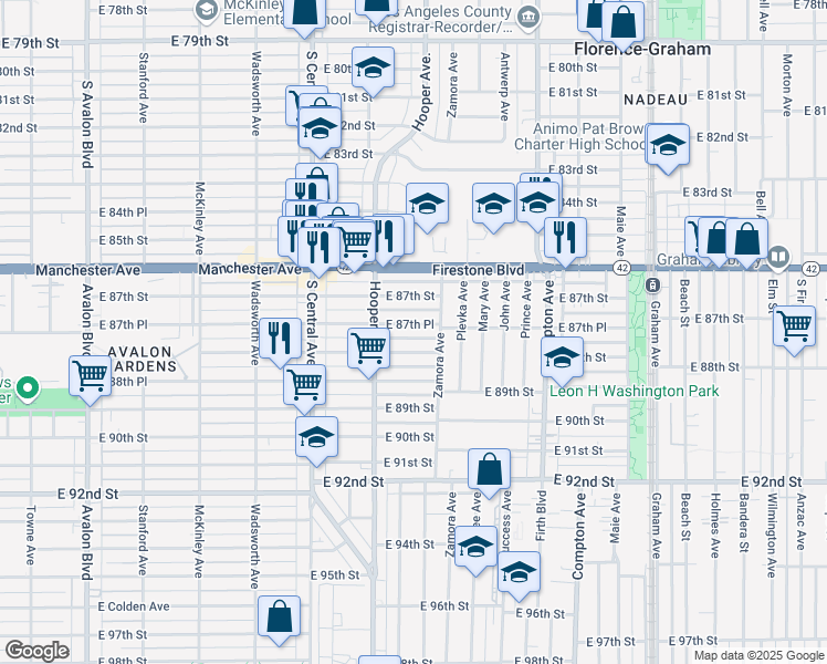map of restaurants, bars, coffee shops, grocery stores, and more near 1242 East 87th Place in Los Angeles
