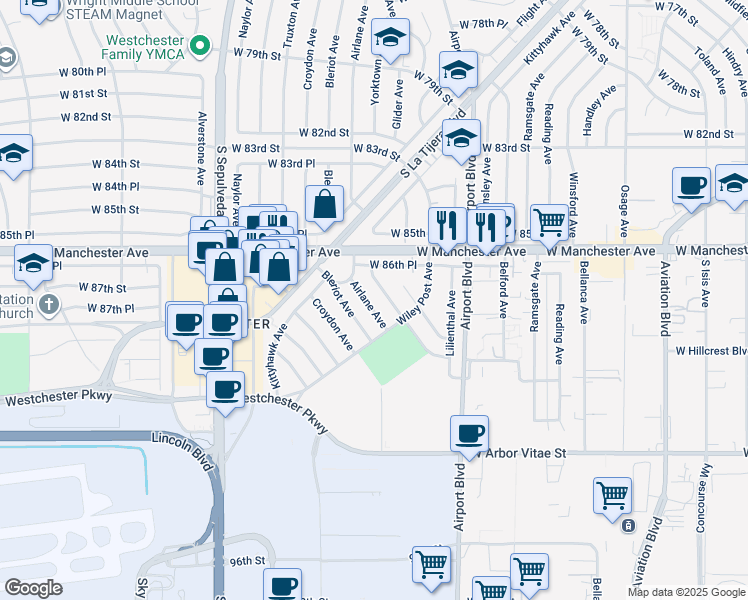 map of restaurants, bars, coffee shops, grocery stores, and more near 8734 Airlane Avenue in Los Angeles