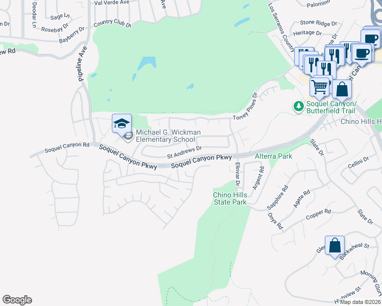 map of restaurants, bars, coffee shops, grocery stores, and more near 4479 Saint Andrews Drive in Chino Hills