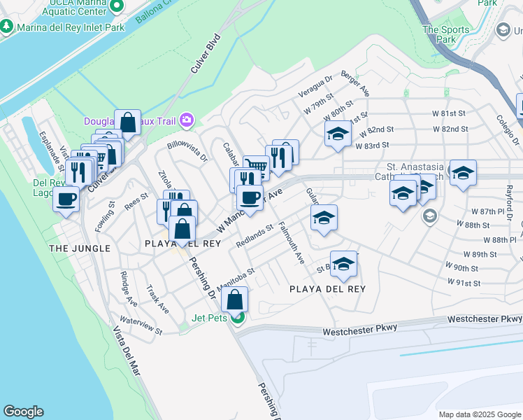 map of restaurants, bars, coffee shops, grocery stores, and more near 8515 Falmouth Avenue in Los Angeles