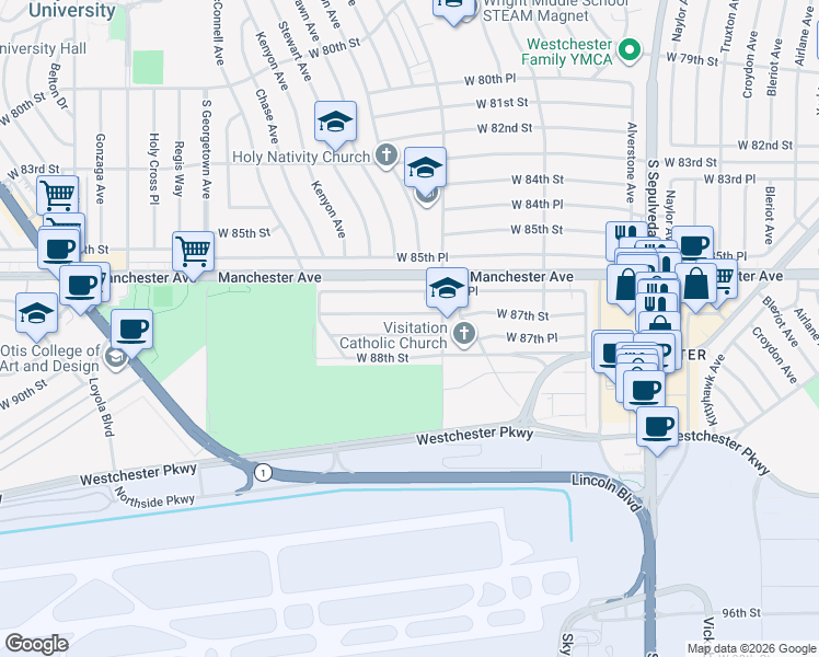 map of restaurants, bars, coffee shops, grocery stores, and more near 6628 West 87th Street in Los Angeles