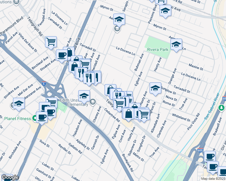 map of restaurants, bars, coffee shops, grocery stores, and more near 9311 Claymore Street in Pico Rivera