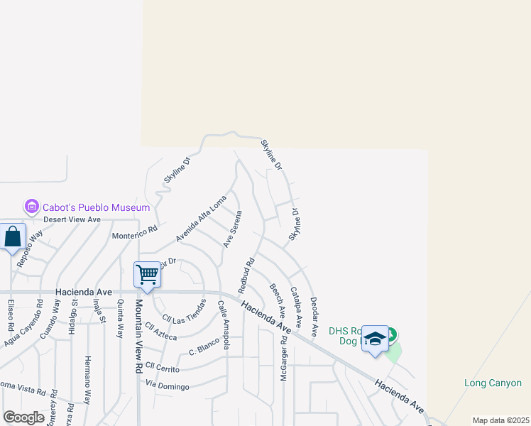 map of restaurants, bars, coffee shops, grocery stores, and more near 12438 Redbud Road in Desert Hot Springs
