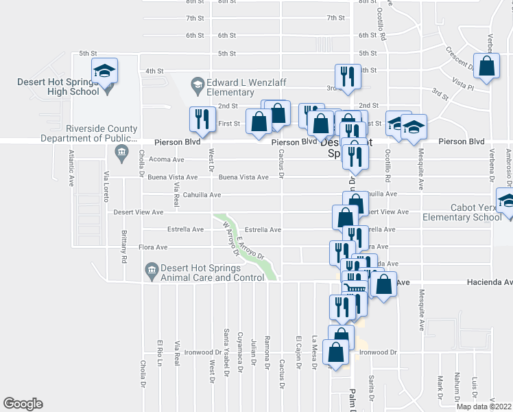map of restaurants, bars, coffee shops, grocery stores, and more near 66119 Cahuilla Avenue in Desert Hot Springs