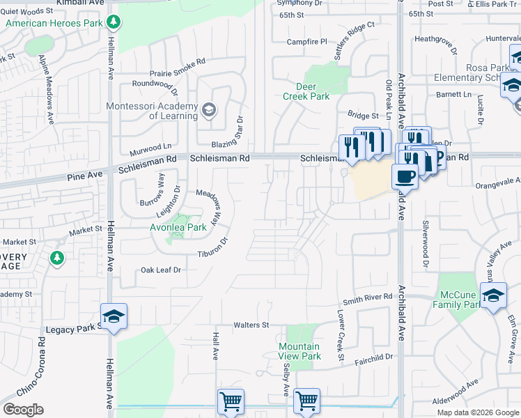 map of restaurants, bars, coffee shops, grocery stores, and more near 7118 Vernazza Place in Eastvale