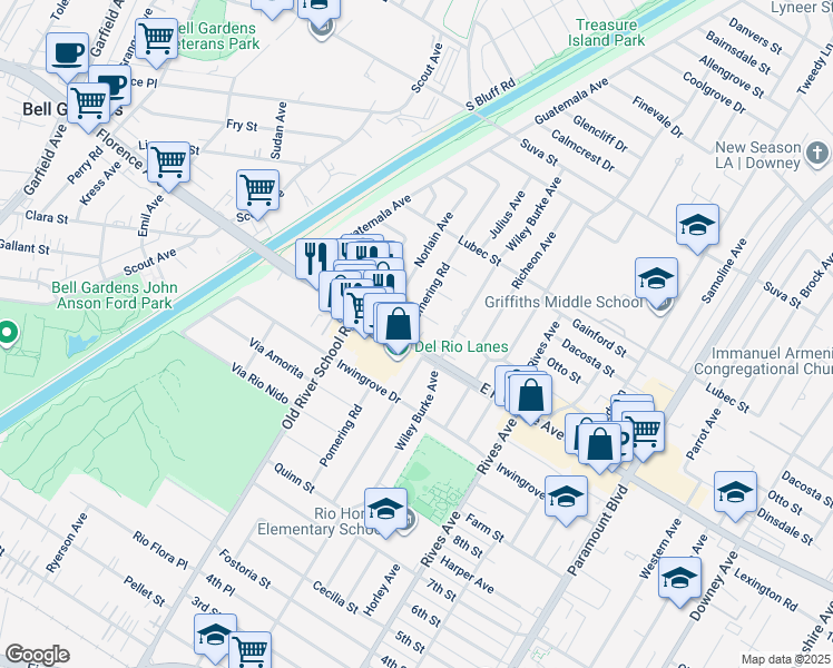 map of restaurants, bars, coffee shops, grocery stores, and more near 10023 Pomering Road in Downey