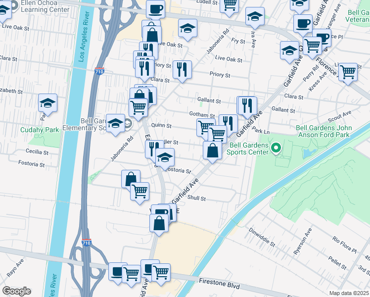 map of restaurants, bars, coffee shops, grocery stores, and more near 5872 Muller Street in Bell Gardens