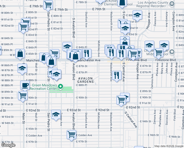 map of restaurants, bars, coffee shops, grocery stores, and more near 743 East 87th Place in Los Angeles