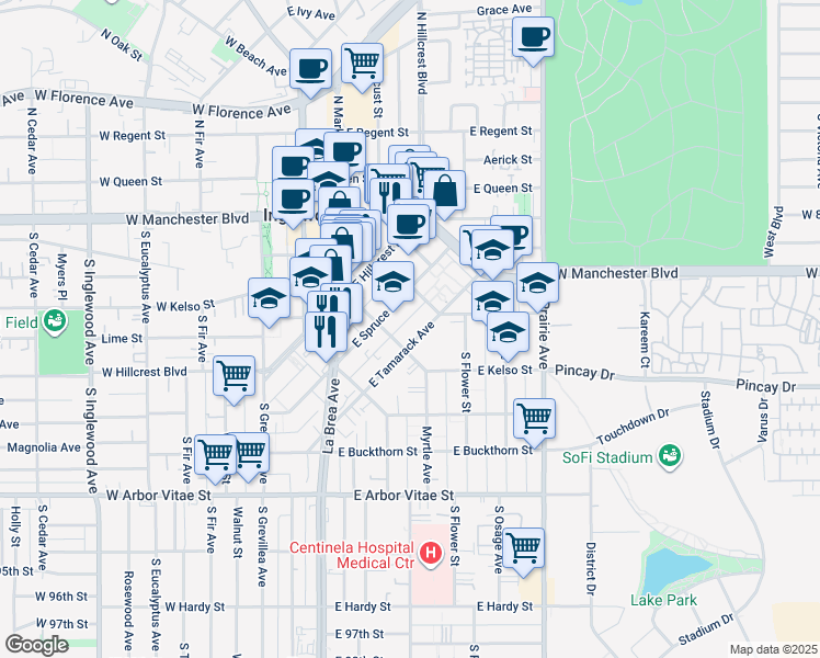 map of restaurants, bars, coffee shops, grocery stores, and more near 335 East Tamarack Avenue in Inglewood