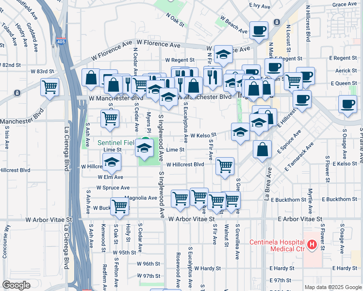 map of restaurants, bars, coffee shops, grocery stores, and more near 320 West Kelso Street in Inglewood