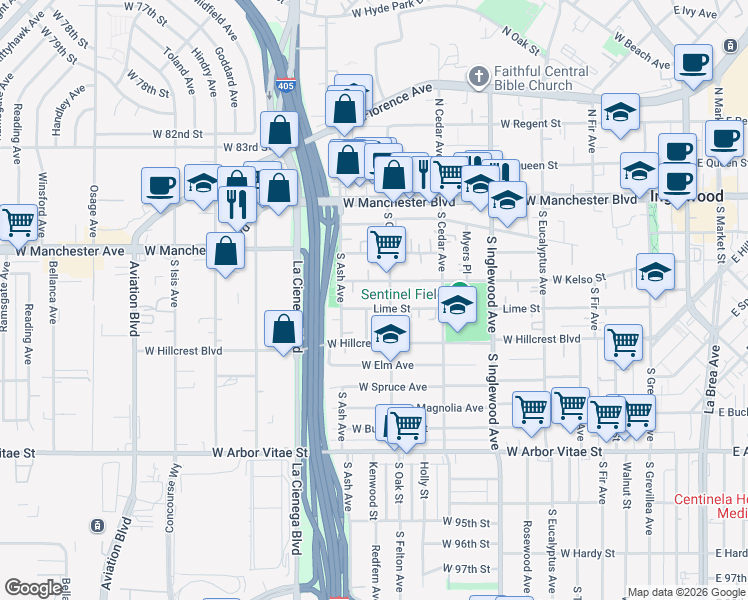 map of restaurants, bars, coffee shops, grocery stores, and more near 407 South Oak Street in Inglewood