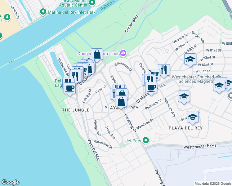 map of restaurants, bars, coffee shops, grocery stores, and more near 8301 Zitola Terrace in Los Angeles