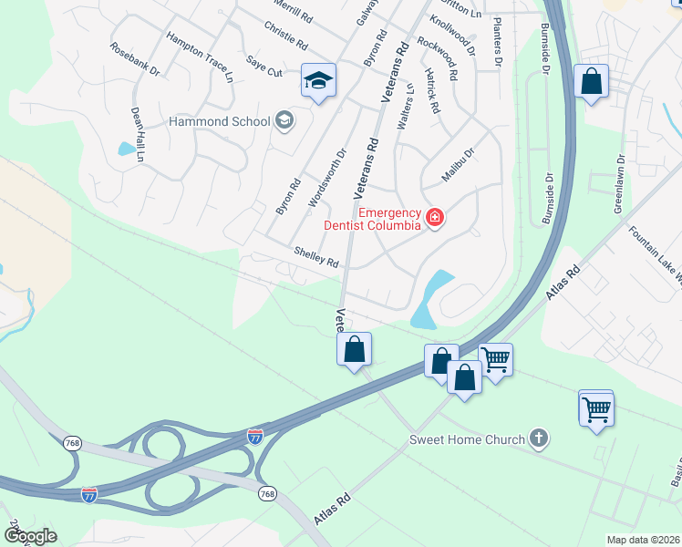 map of restaurants, bars, coffee shops, grocery stores, and more near 6960 Shelley Road in Columbia