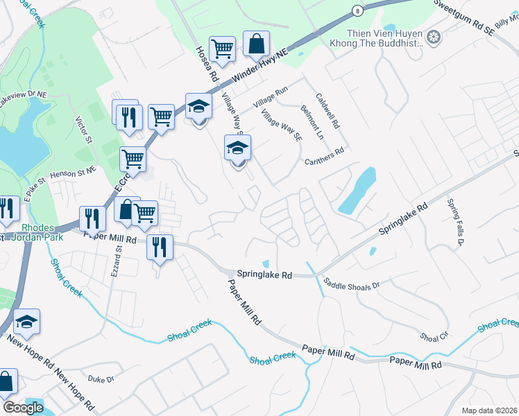 map of restaurants, bars, coffee shops, grocery stores, and more near 452 Springbottom Court Southeast in Lawrenceville