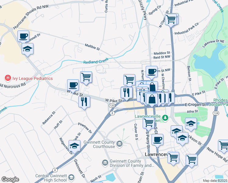 map of restaurants, bars, coffee shops, grocery stores, and more near 415 West Oak Street in Lawrenceville