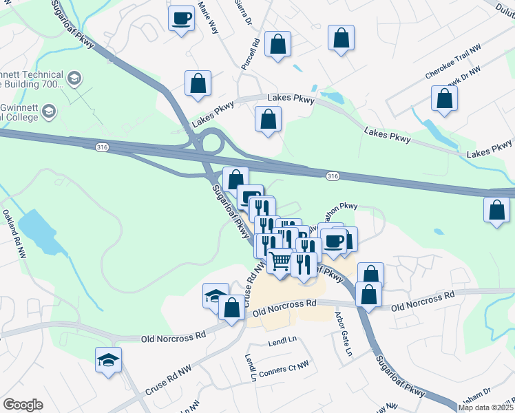 map of restaurants, bars, coffee shops, grocery stores, and more near 4975 Sugarloaf Parkway in Lawrenceville