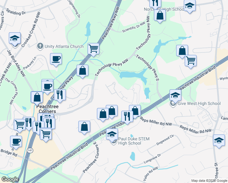 map of restaurants, bars, coffee shops, grocery stores, and more near 5749 Pine Oak Drive Northwest in Norcross