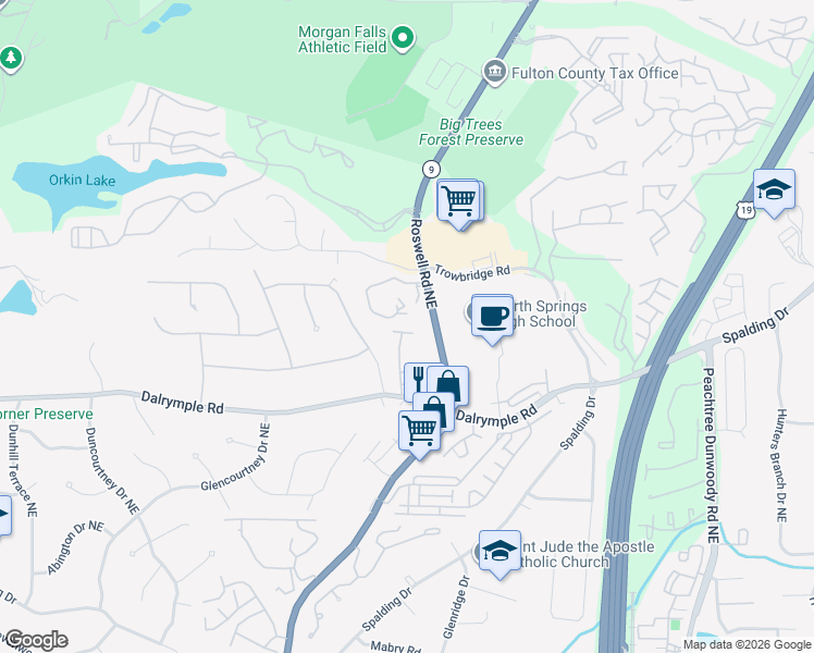 map of restaurants, bars, coffee shops, grocery stores, and more near 1101 Brighton Point in Sandy Springs