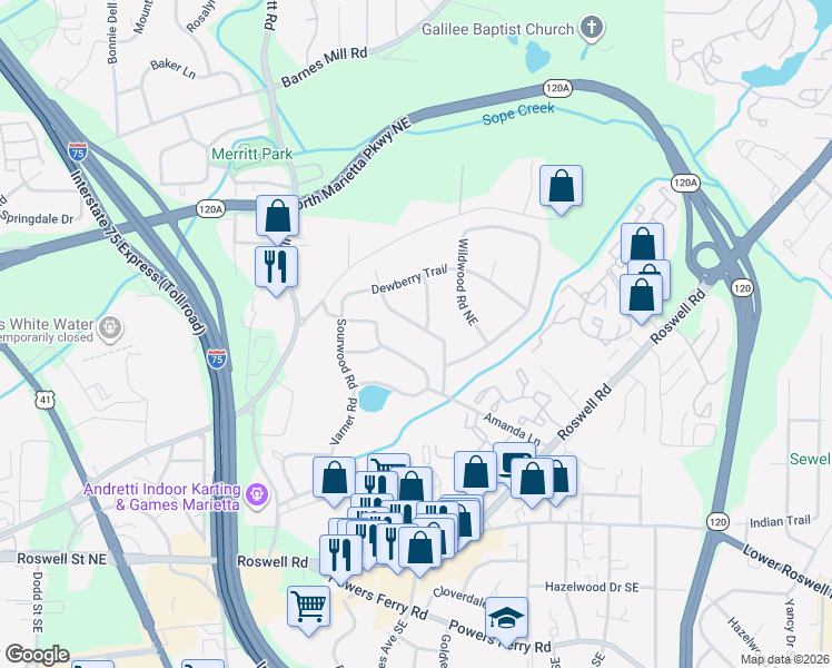 map of restaurants, bars, coffee shops, grocery stores, and more near 310 Ridgeland Terrace in Marietta