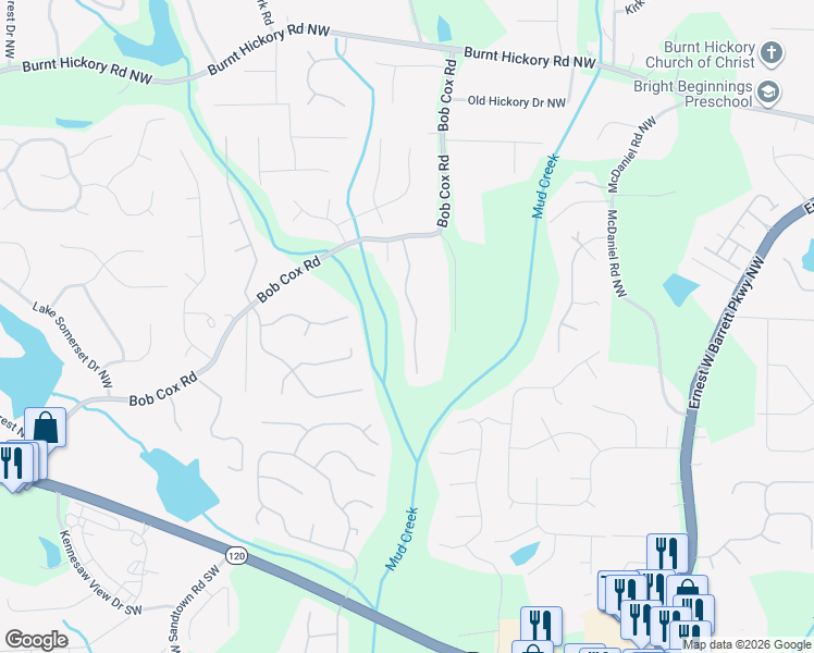 map of restaurants, bars, coffee shops, grocery stores, and more near 175 Cox Farm Road Northwest in Marietta