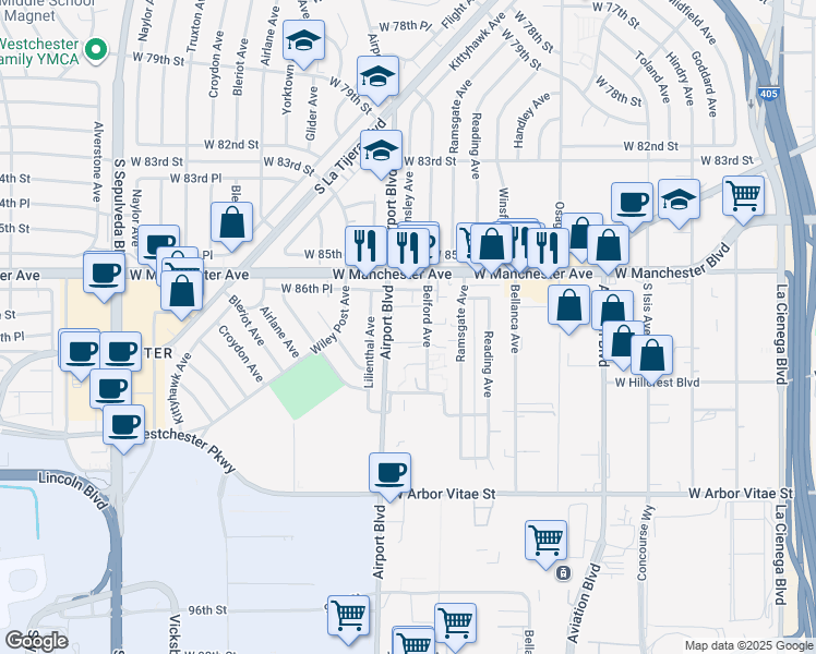 map of restaurants, bars, coffee shops, grocery stores, and more near 8655 Belford Avenue in Los Angeles