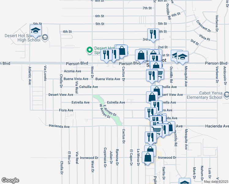 map of restaurants, bars, coffee shops, grocery stores, and more near 66176 Desert View Avenue in Desert Hot Springs