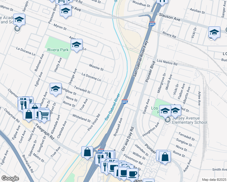 map of restaurants, bars, coffee shops, grocery stores, and more near 9950 La Docena Lane in Pico Rivera