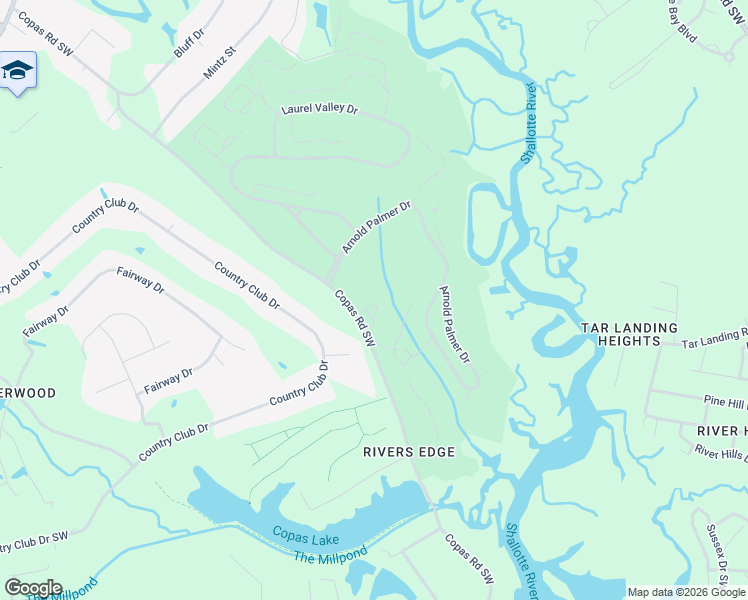 map of restaurants, bars, coffee shops, grocery stores, and more near 591 River Ridge Road in Shallotte