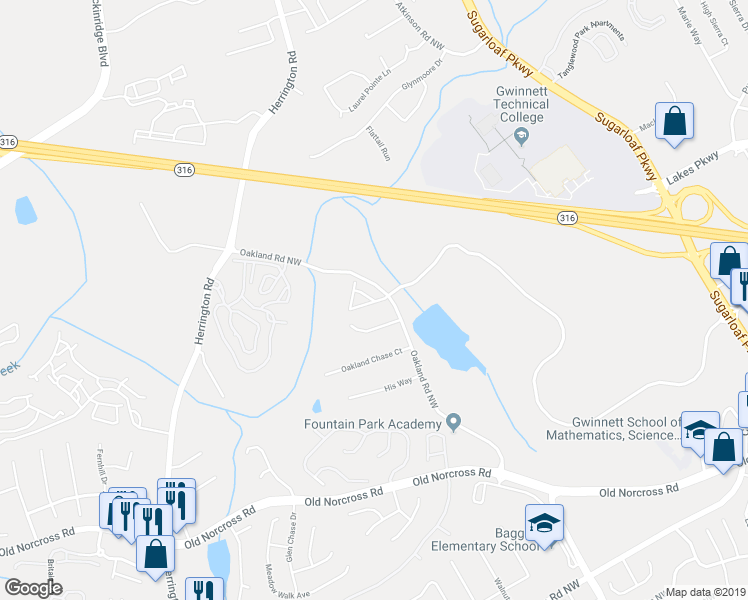 map of restaurants, bars, coffee shops, grocery stores, and more near 2291 Hawks Bluff Trail Northwest in Lawrenceville