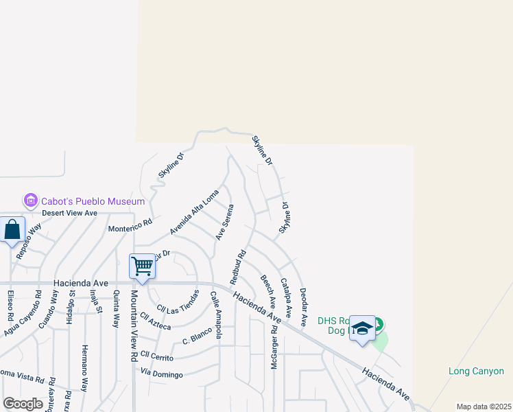 map of restaurants, bars, coffee shops, grocery stores, and more near 12478 Redbud Road in Desert Hot Springs
